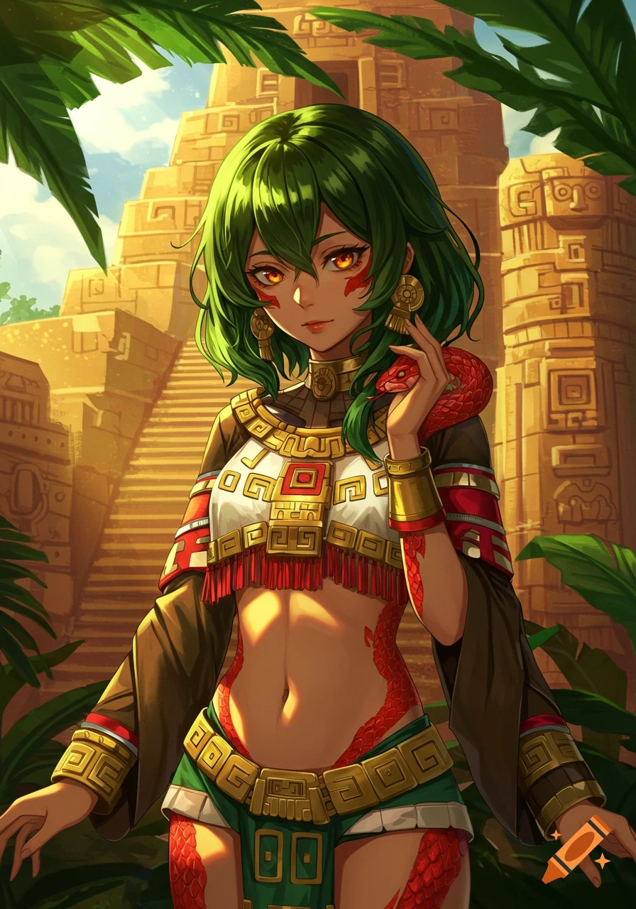 An anime girl with green hair, amber eyes, and red scales, wearing Aztec-style clothing, holds a red snake in front of ancient temple ruins.