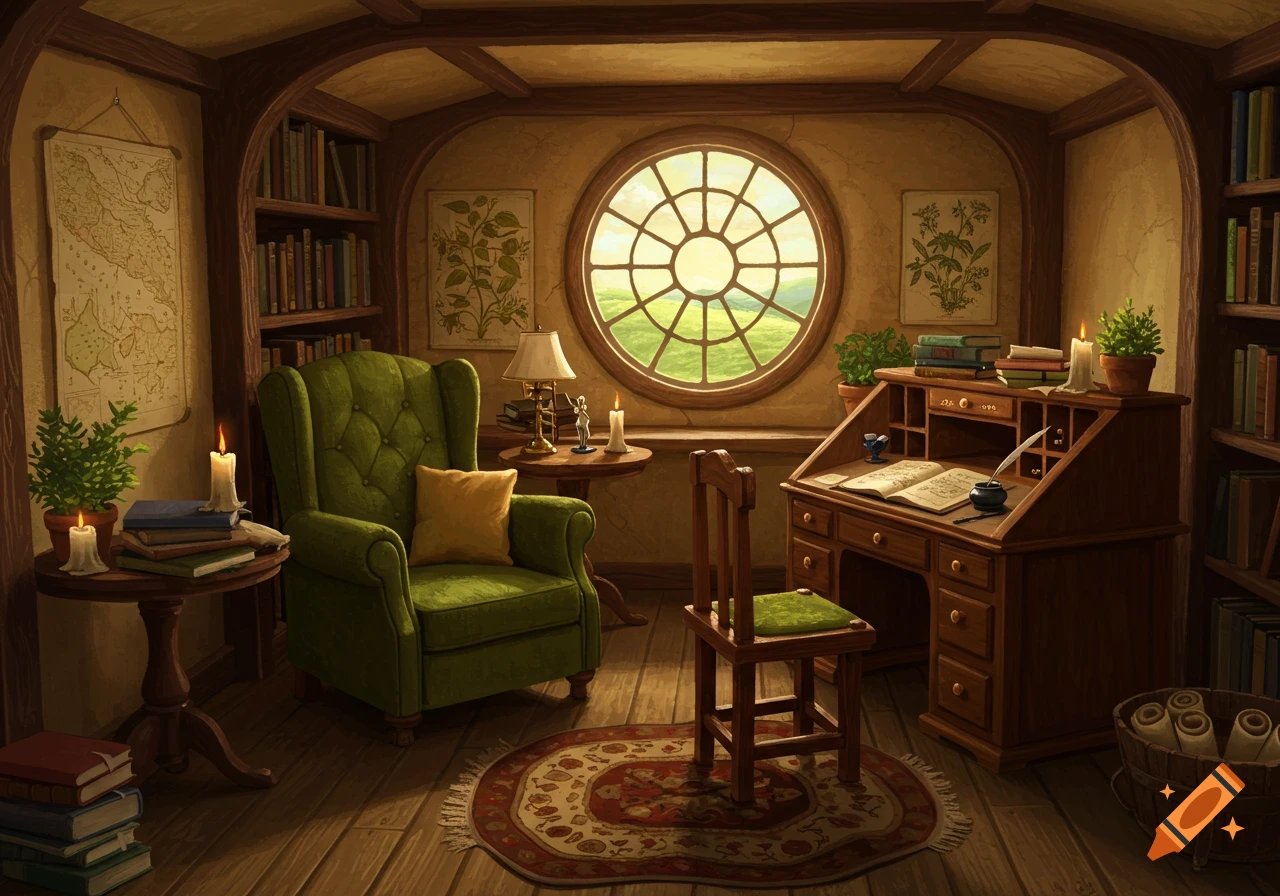 A cozy, warm-toned hobbit-style study chamber with a round window, green armchair, wooden desk, and bookshelves, rendered in an illustrative style.