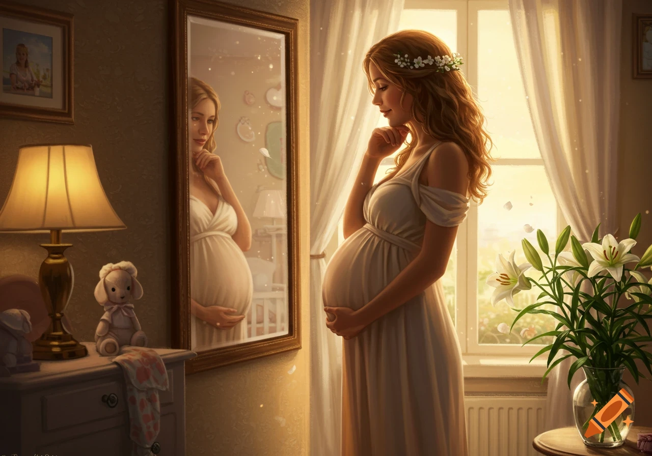 A pregnant woman in a white dress stands in a sunlit room, looking at her reflection in a mirror and holding her belly. Photorealistic style.