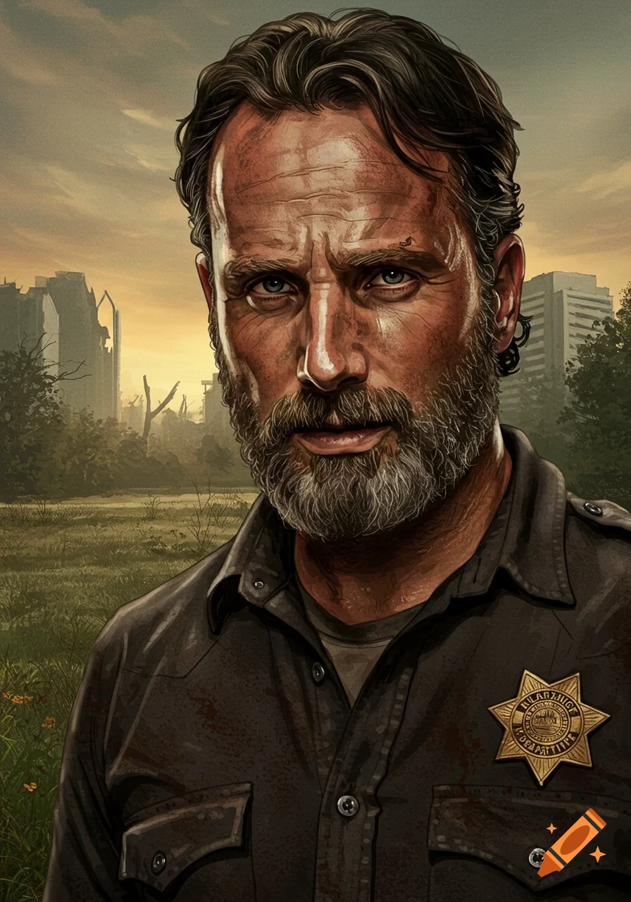 Detailed portrait of Rick Grimes from The Walking Dead, with a beard and sheriff's badge, against a ruined post-apocalyptic city.