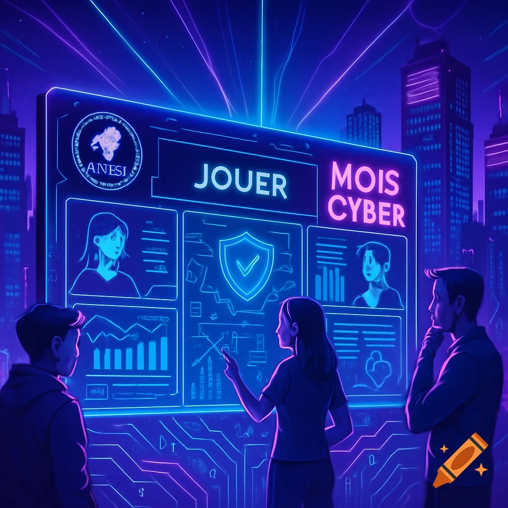 Three people view a large neon-blue interactive screen displaying cybersecurity data and game elements against a futuristic city skyline.