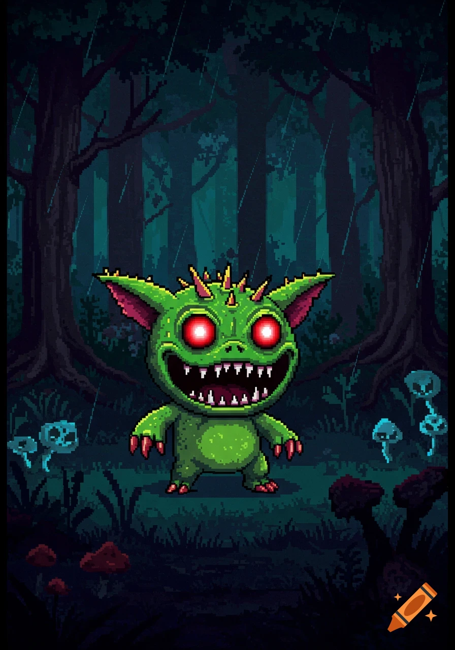 A pixel art green pukwudgie with glowing red eyes and sharp teeth stands in a dark, rainy forest.