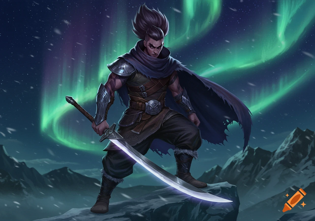A male fantasy warrior with spiky hair and a cloak holds a glowing sword on a snowy mountain under the Northern Lights.