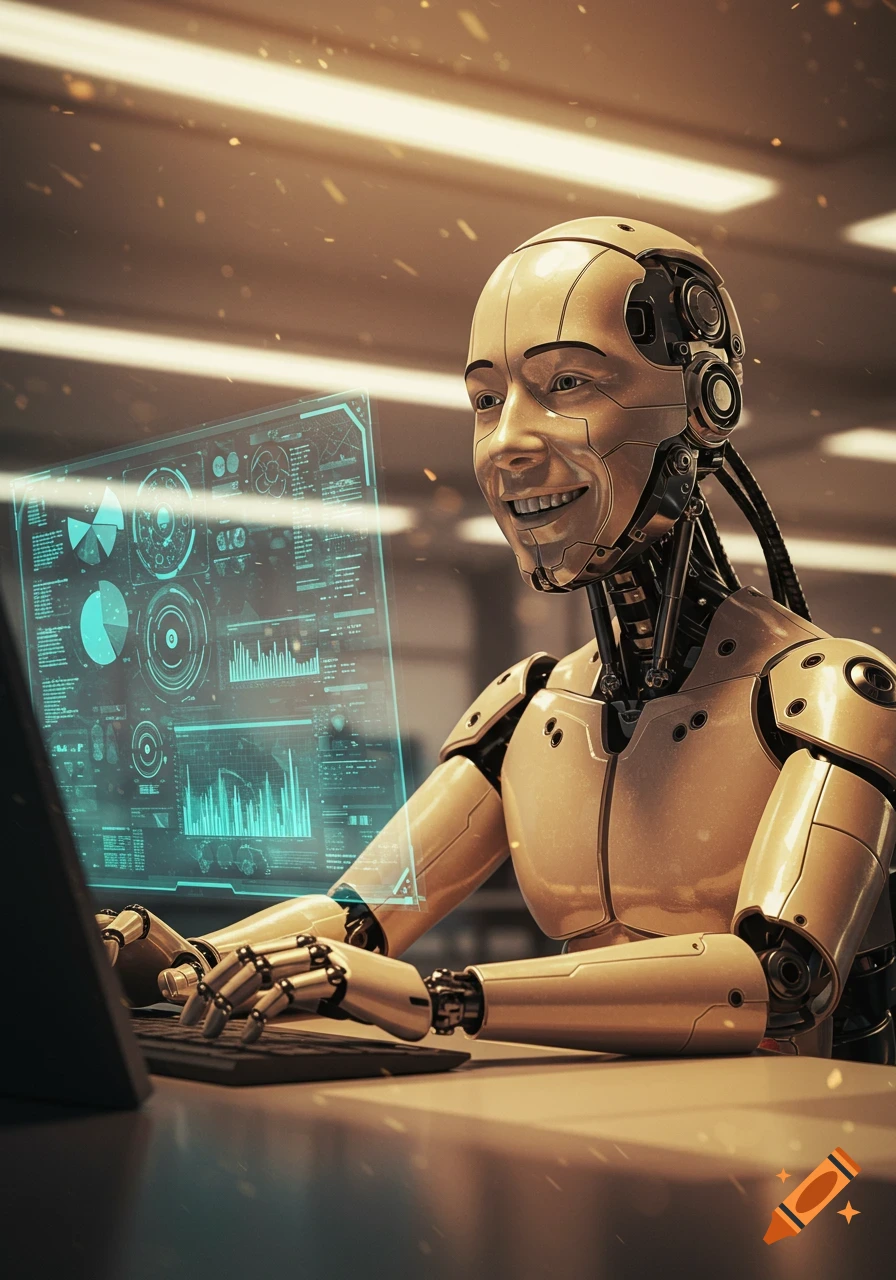 A smiling futuristic cyborg works on a keyboard, looking at a holographic computer screen with data and charts.