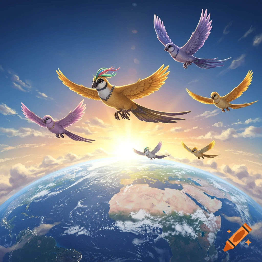 Five colorful, stylized birds flying above Earth, with a bright sun rising over the horizon.