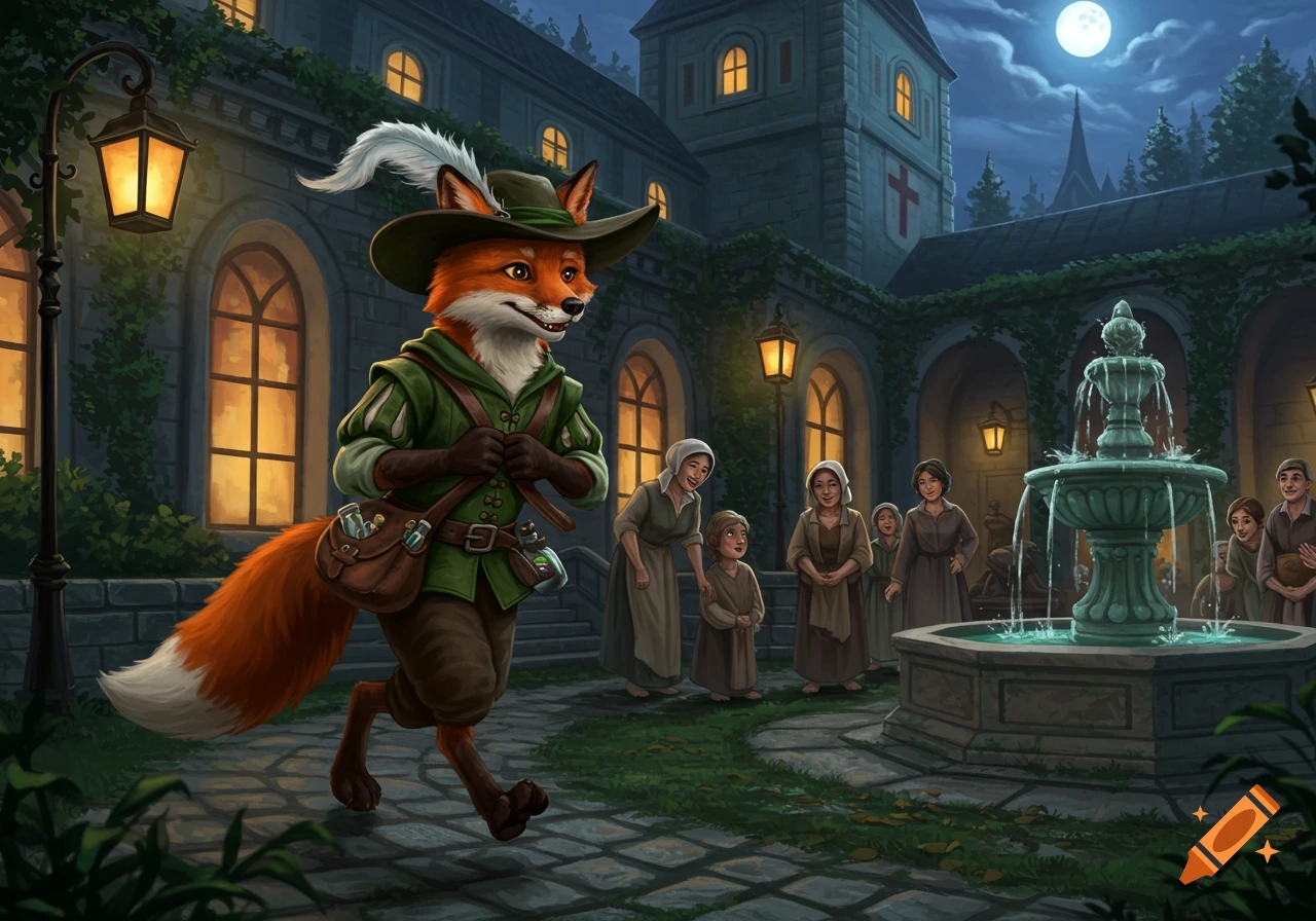An anthropomorphic red fox in a Robin Hood outfit runs through a moonlit medieval courtyard with a fountain and peasants watching.