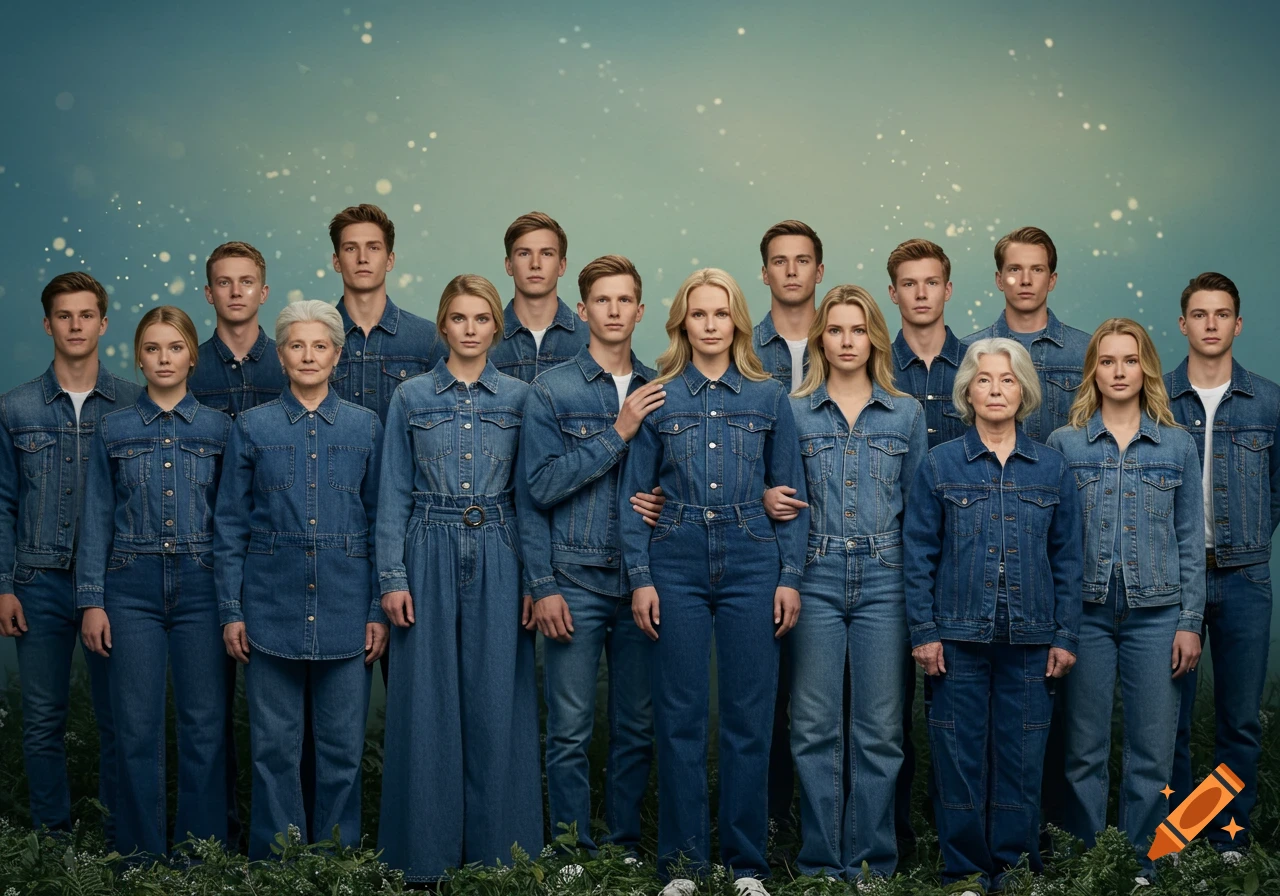 A large group of diverse adults in various denim outfits pose for a harmonious studio portrait against a soft blue-green background.