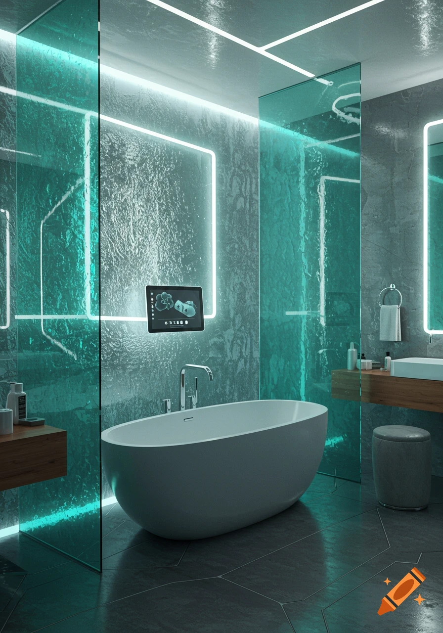 A futuristic bathroom with a white freestanding bathtub, teal glowing accent lights, dark textured walls, and a mounted tablet.