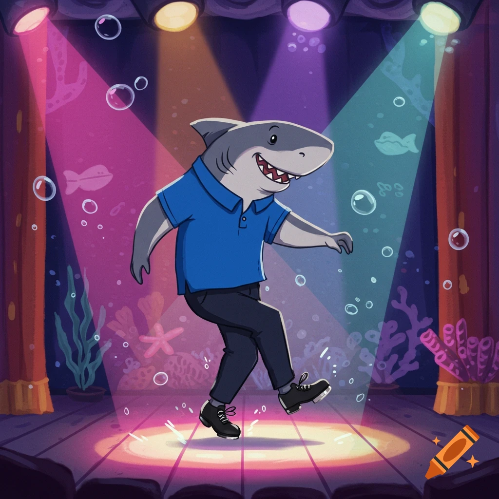 A friendly cartoon shark in a blue polo and black pants tap dances on a stage under spotlights, with underwater decor.