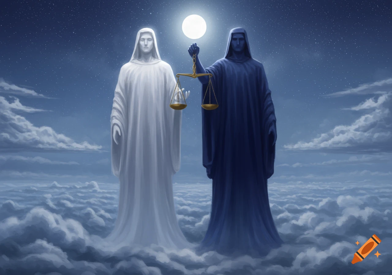 Two robed figures, one white and one blue, stand on clouds under a full moon, with the blue figure holding a golden balance scale.