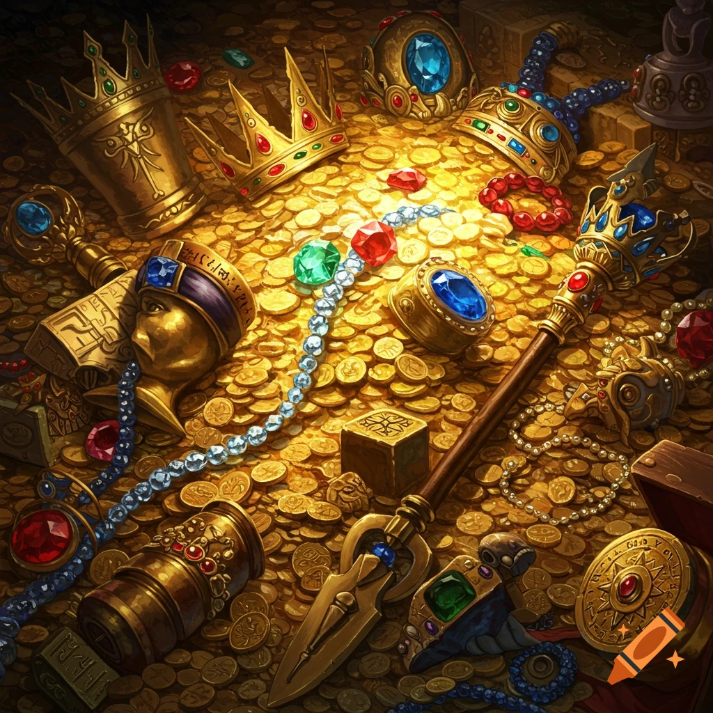 A top-down view of a glittering treasure horde, overflowing with gold coins, colorful jewels, crowns, scepters, and ancient golden artifacts.