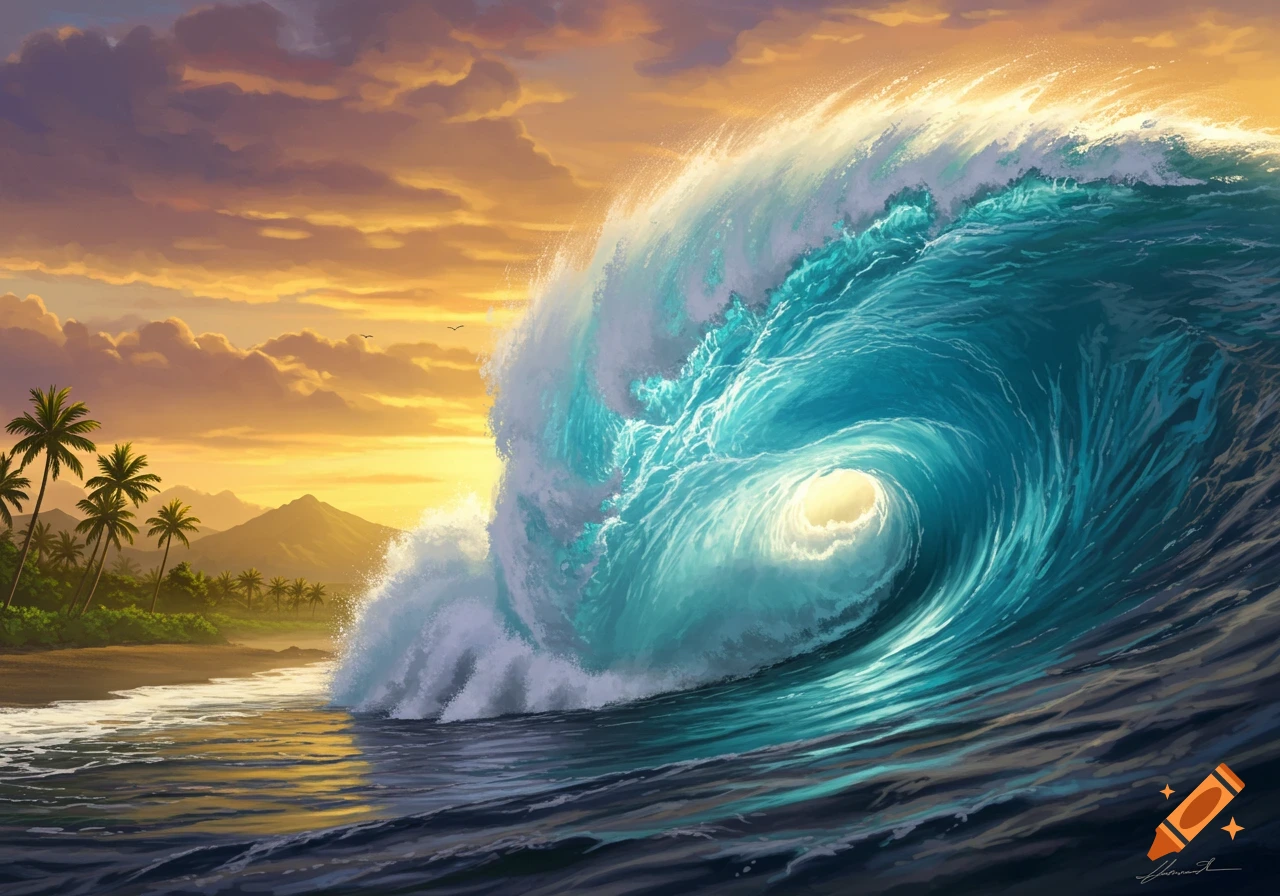 A powerful blue ocean wave crests near a tropical beach with palm trees and mountains under a vibrant orange sunset sky, painted.