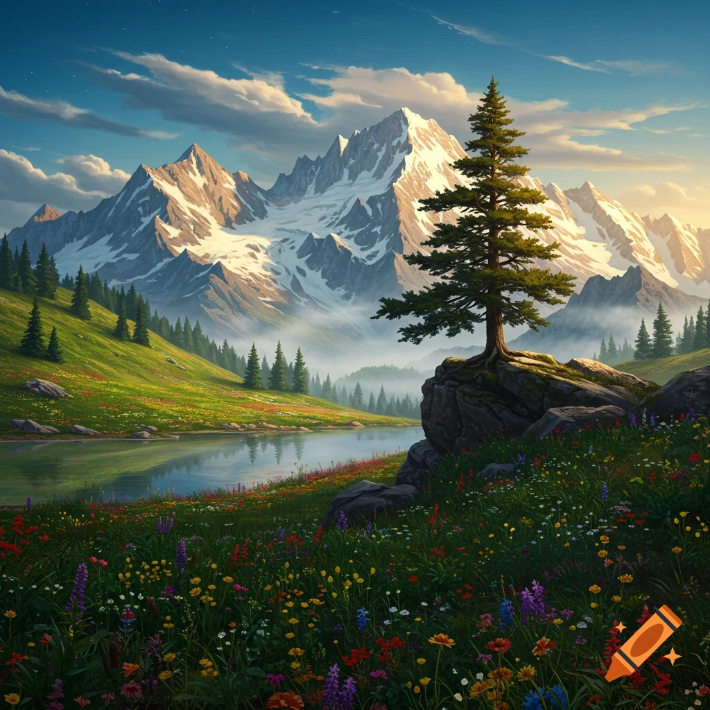 Vibrant mountain landscape with snow-capped peaks, a clear lake, a lone pine tree, and colorful wildflowers under a bright sky.