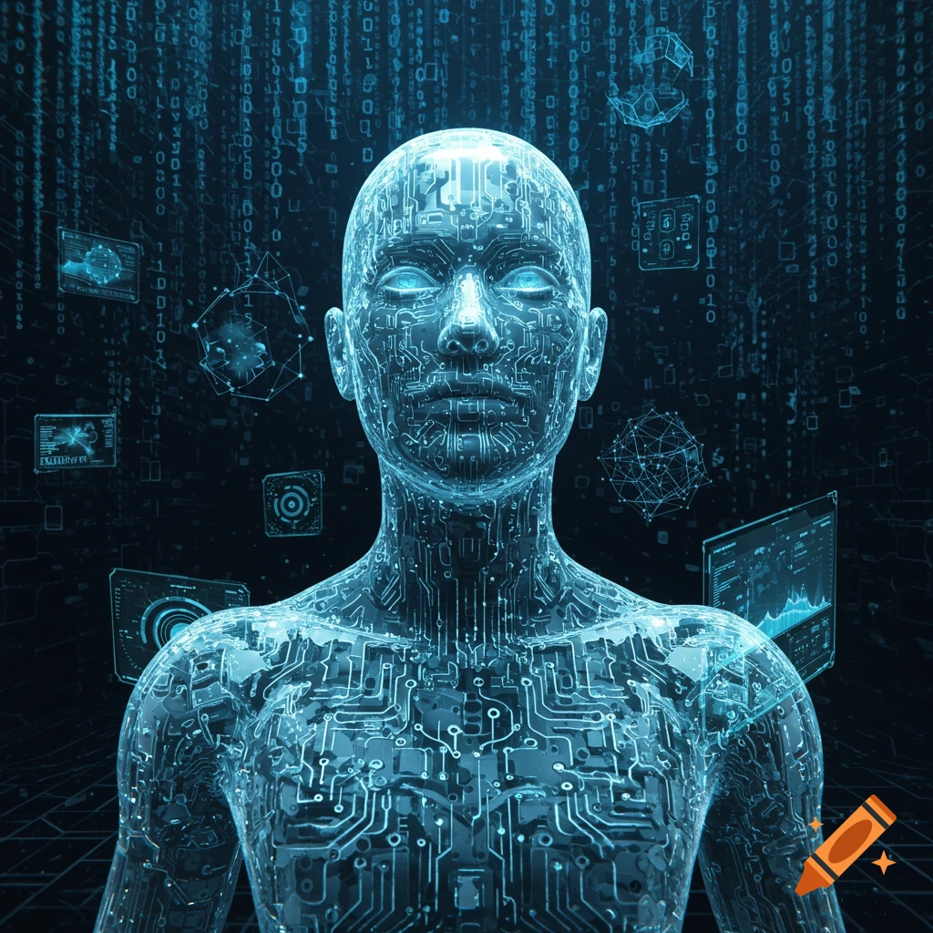 A glowing blue humanoid figure made of circuit board patterns stands against a dark digital background with falling binary code and floating holographic screens.