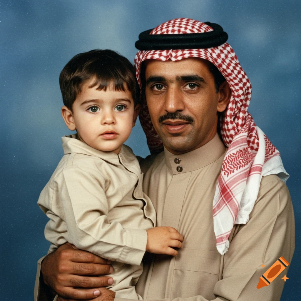 A photorealistic 1990s portrait of an Arab man in traditional headwear holding a young boy with green eyes against a blue background.