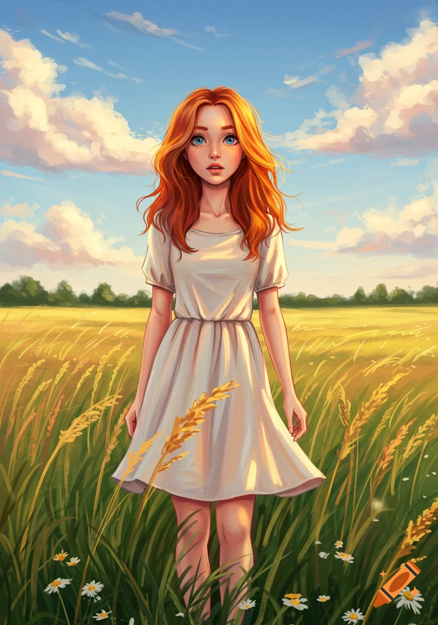Illustrated young red-haired woman with blue eyes in a sunlit field of tall grass under a blue sky.