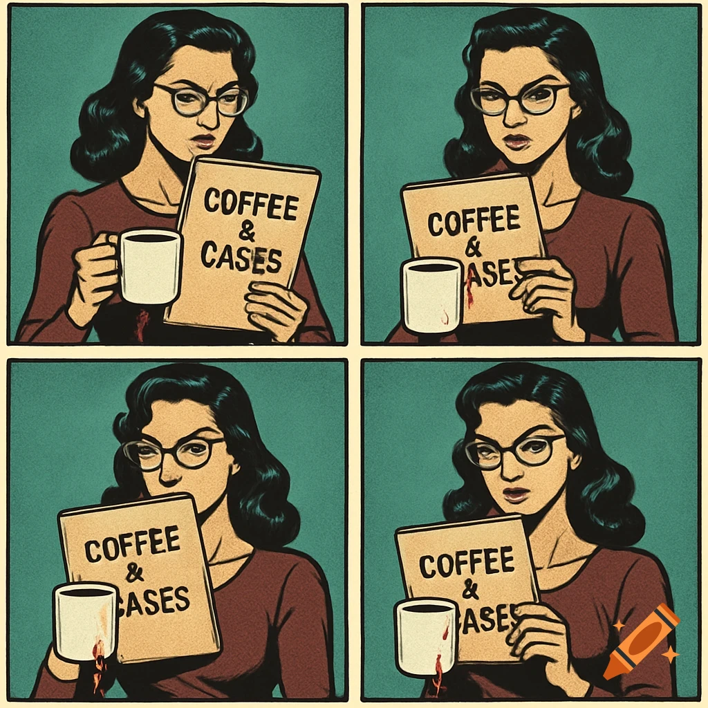 Four-panel vintage comic art of a woman with glasses holding a folder titled 'Coffee & Cases' and a blood-dripping coffee mug.