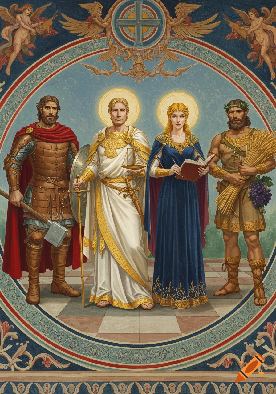 A detailed fresco depicting four mythical or religious figures: a warrior in armor, a robed man with scales, a robed woman with a book, and a man holding wheat and grapes, all beneath an ornate archway with angels.