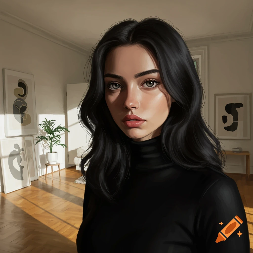 Digital painting of a young woman with long dark hair in a black turtleneck, pouting in a sunlit room.