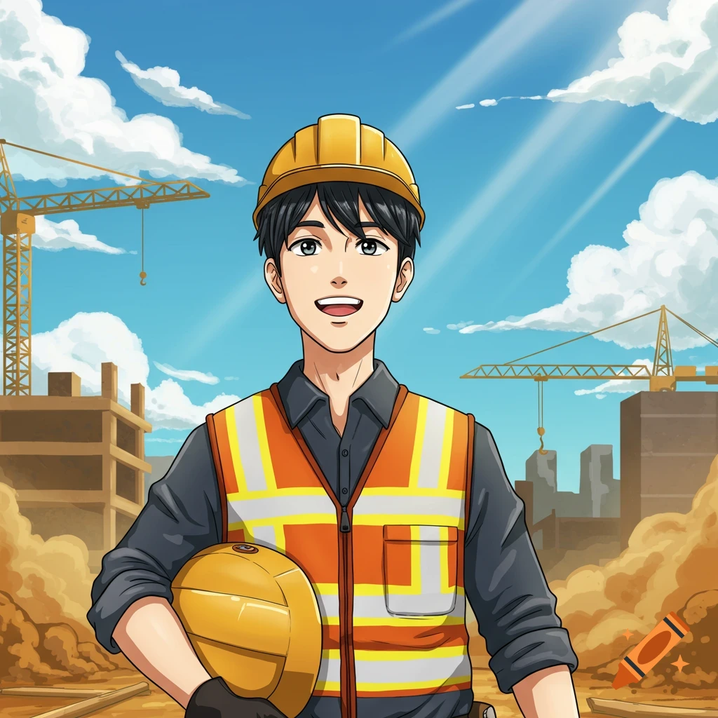 A smiling young man in a construction worker's vest and hard hat, holding another hard hat, at a construction site in anime style.