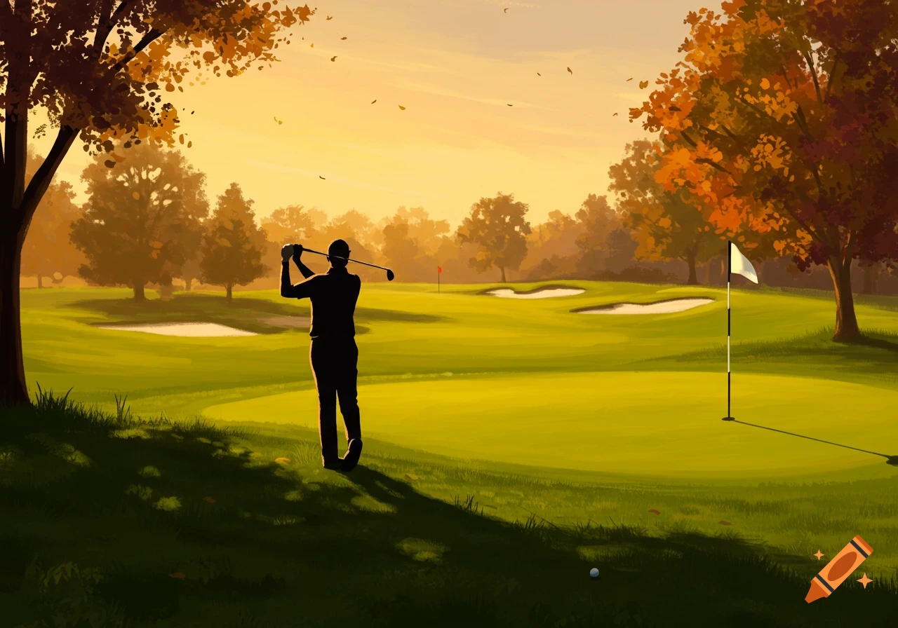 A silhouetted golfer swings a club on an autumn golf course at sunset, with golden trees and a flag.