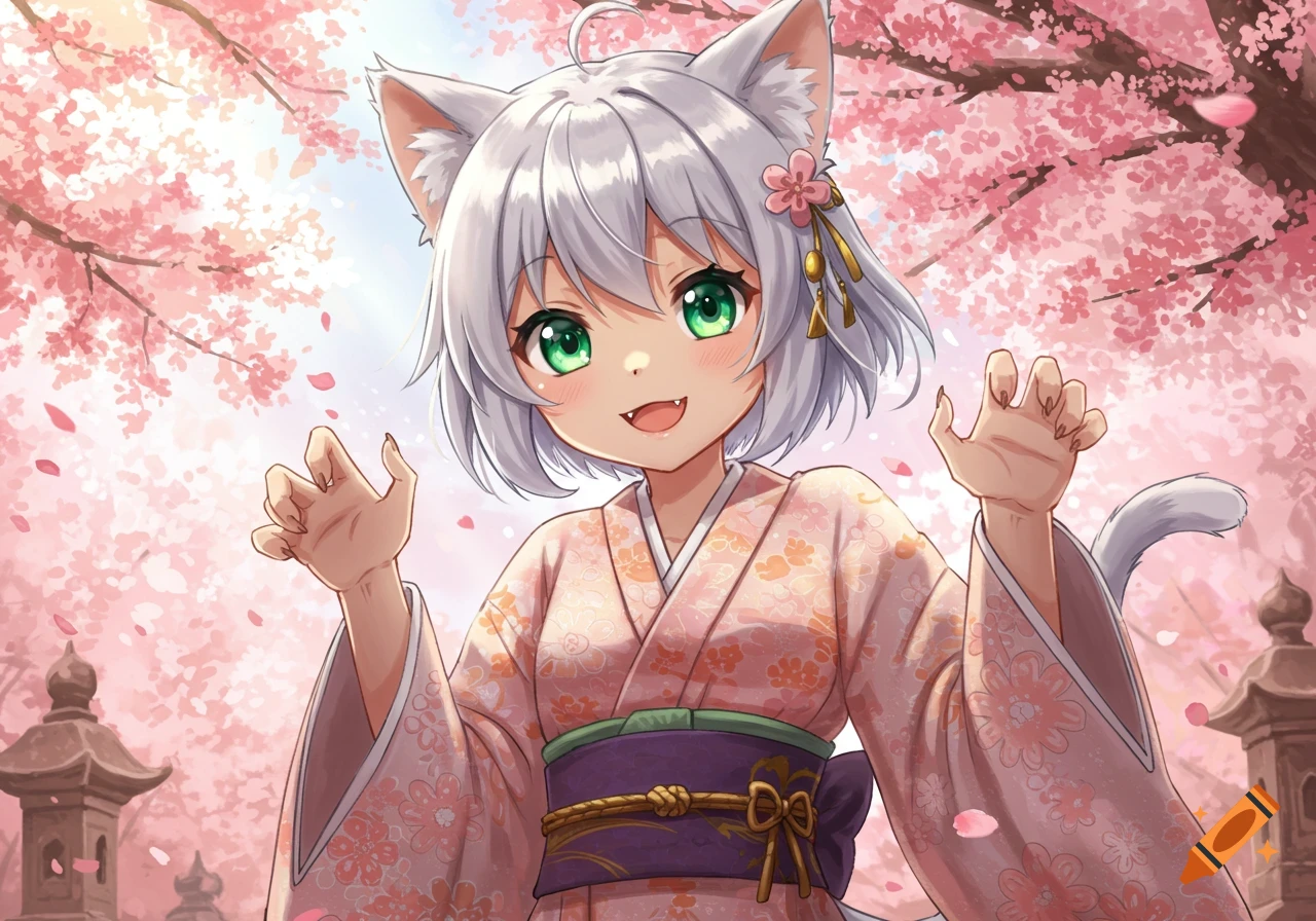 Anime cat girl with white hair and green eyes in a pink kimono, posing playfully under cherry blossoms with stone lanterns.