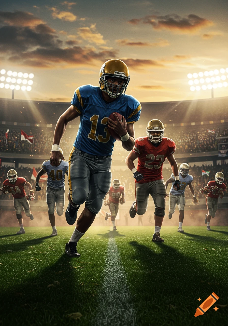 Photorealistic image of a football player in a blue jersey with number 13 running with the ball on a stadium field, pursued by opponents.