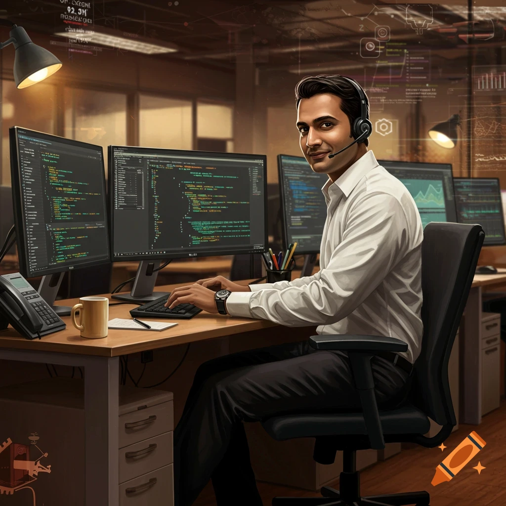 An Indian man wearing a headset, working at two computer monitors displaying code in a modern office.