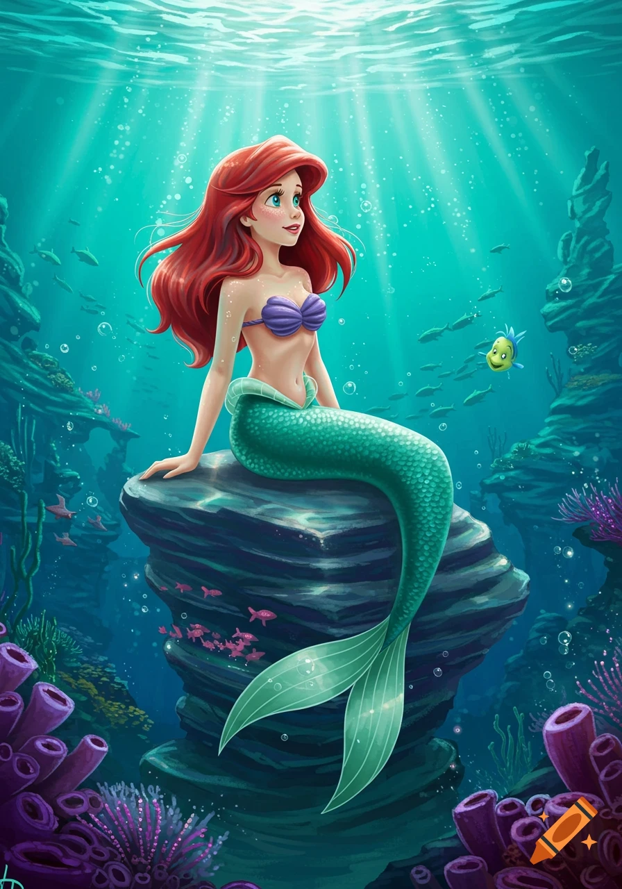 Ariel the mermaid with red hair sits on an underwater rock surrounded by coral and fish, sunlight rays pierce the blue water.