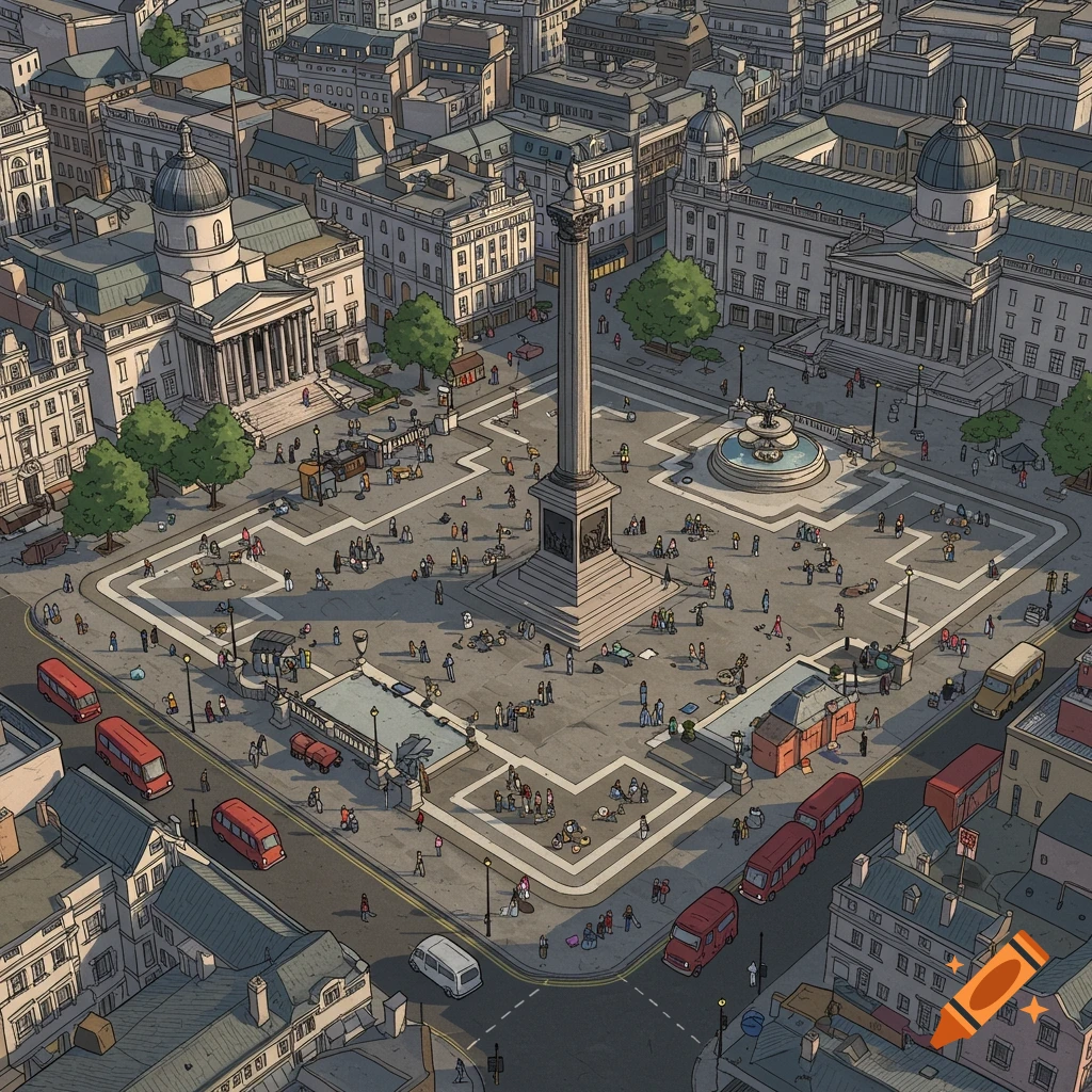 Isometric cartoon illustration of a bustling Trafalgar Square, London, with Nelson's Column, historic buildings, and red buses.