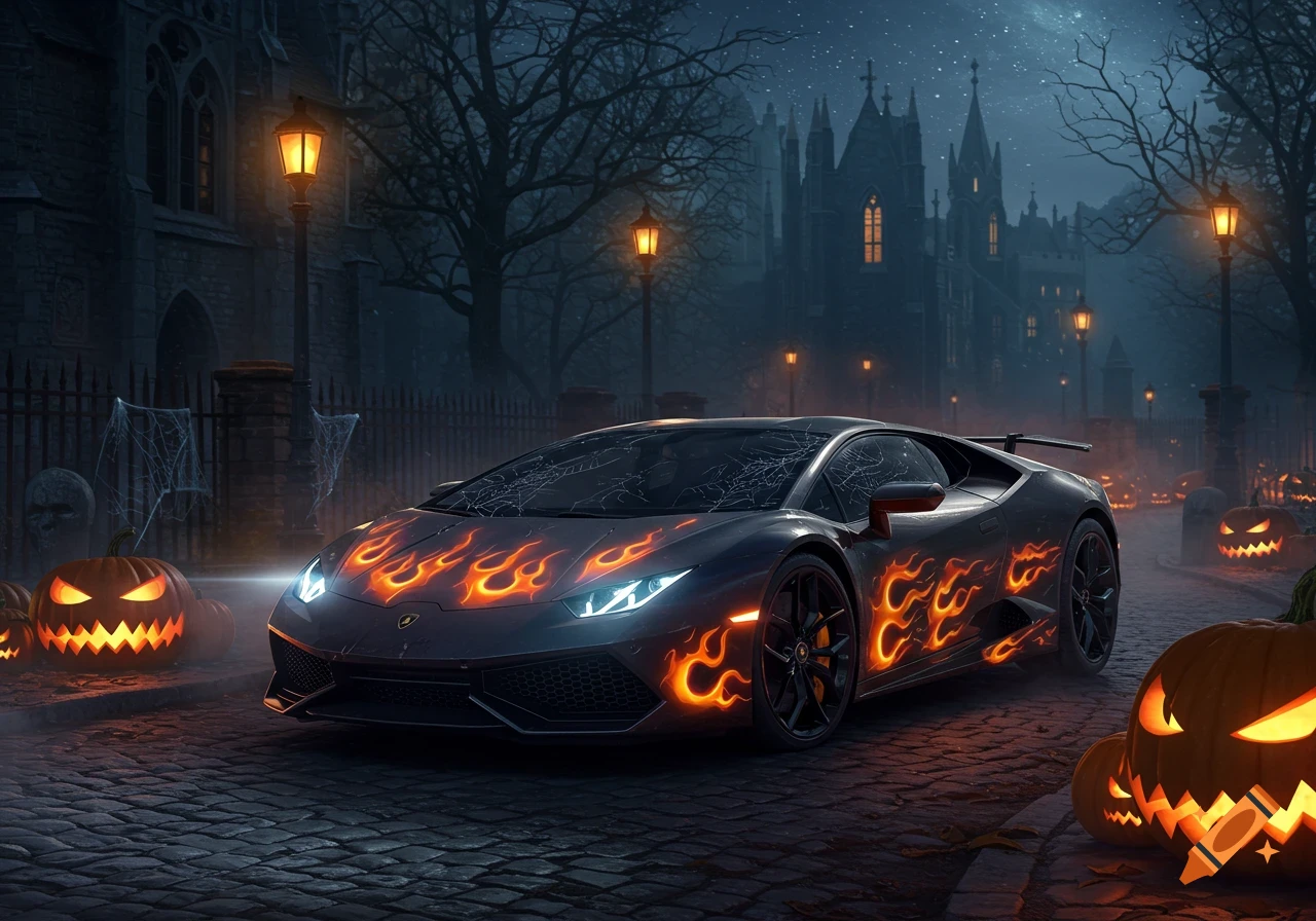 A black Lamborghini with glowing orange flame decals parked on a cobblestone street at night, surrounded by glowing jack-o'-lanterns and spiderwebs, with a spooky gothic castle in the background.