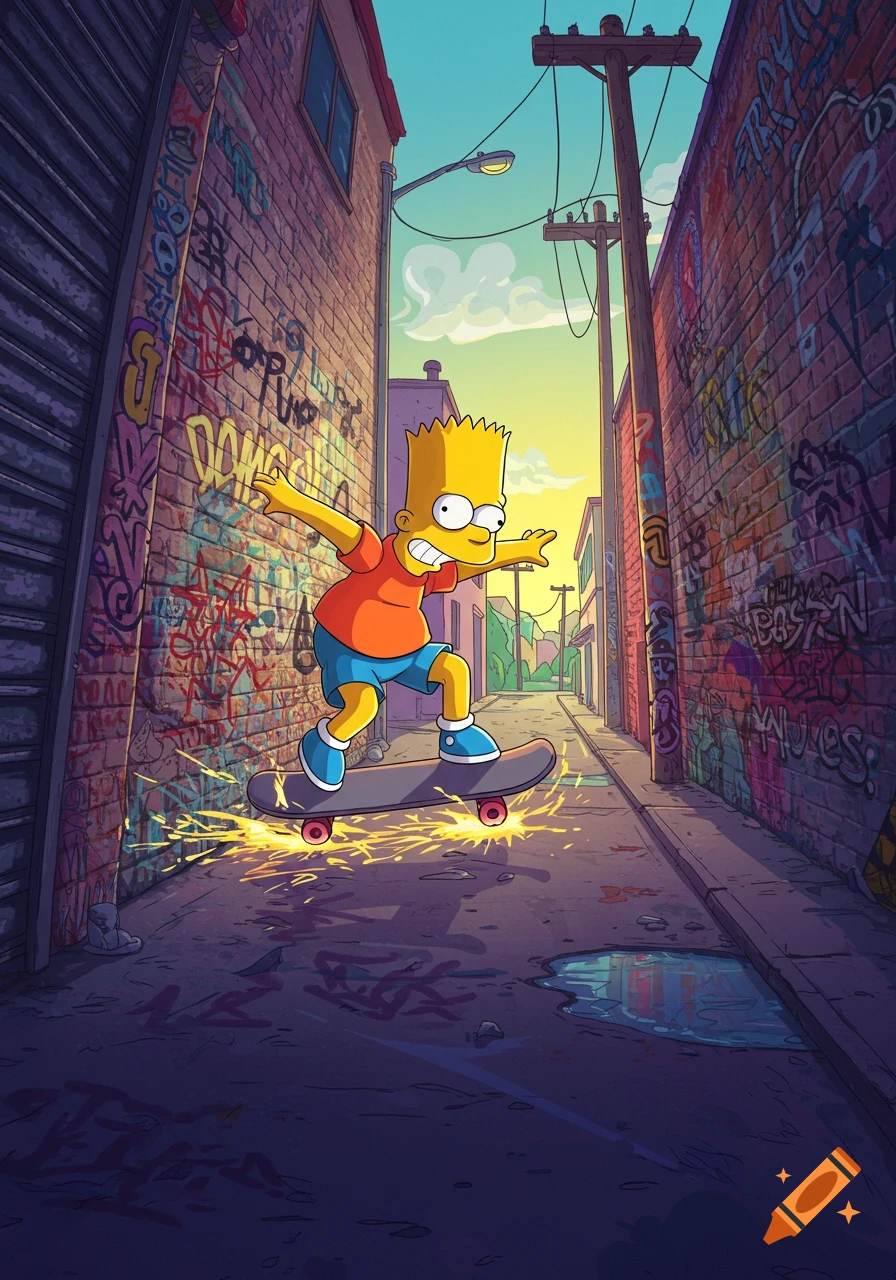 Bart Simpson skateboards down a vibrant, graffiti-covered urban alley at sunset, sparks flying from his board, in a cartoon style.