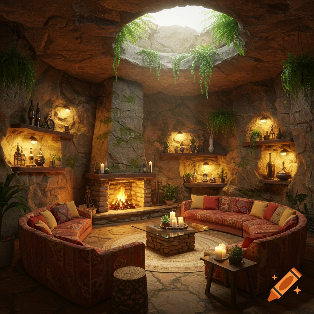 A cozy living room inside a cave, featuring a fireplace, circular sofas, and a skylight with lush green plants.