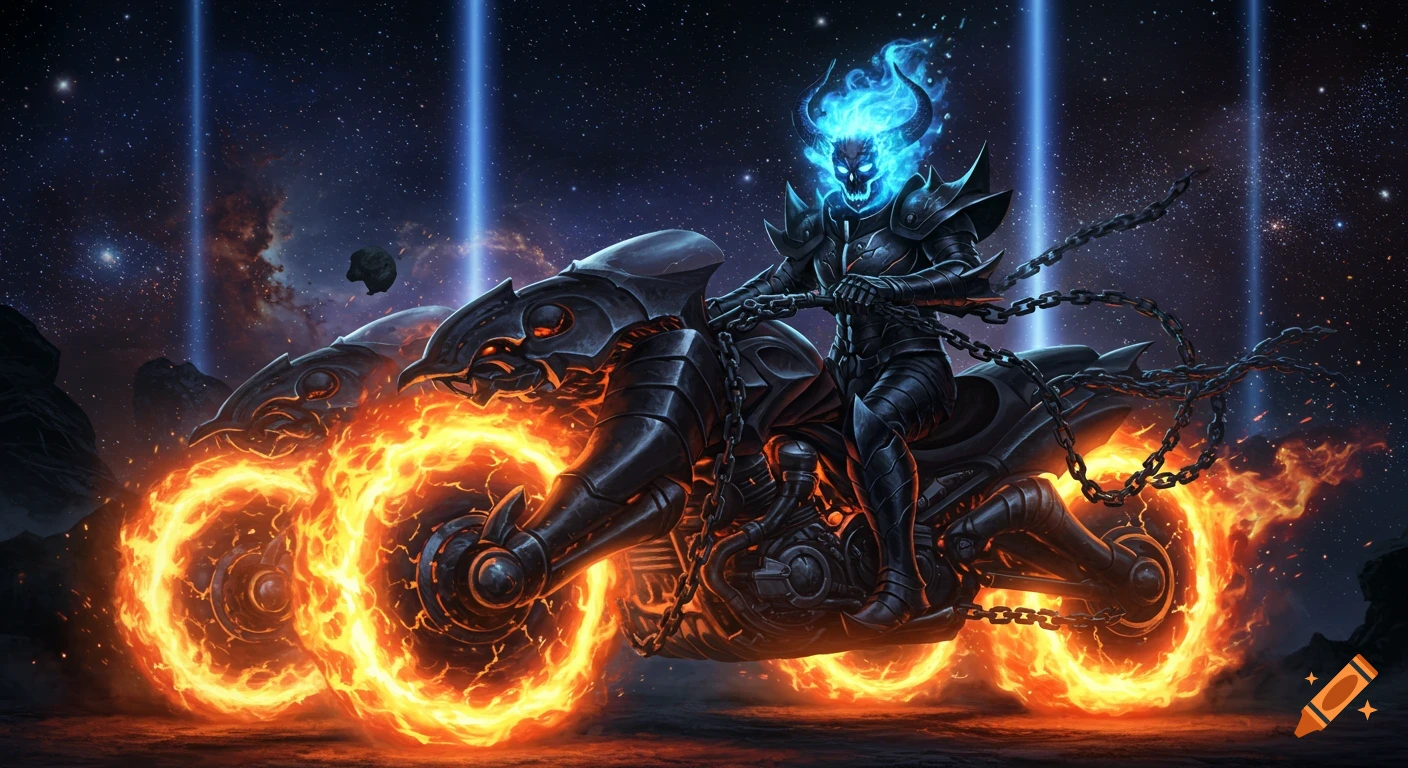 A blue flaming skull rider on a demonic motorcycle with fiery wheels, in black armor with chains, against a cosmic starry sky.