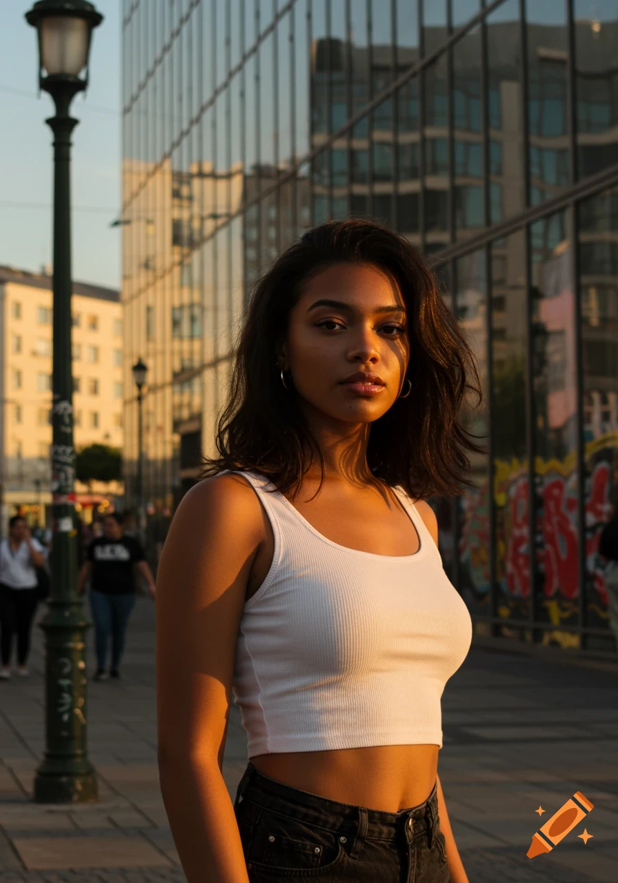 A young woman in a white crop top and dark jeans poses on an urban street at sunset, with a lamppost and glass buildings in the background.