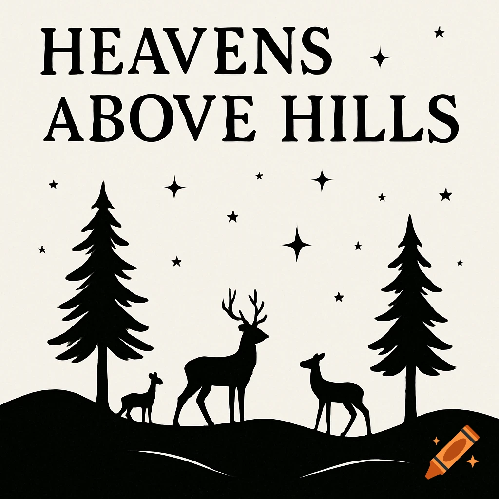 Black and white silhouette of pine trees, three deer, and rolling hills under a starry sky with the text "HEAVENS ABOVE HILLS".
