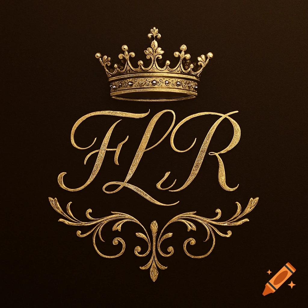 Ornate gold FLR monogram under a crown with decorative flourishes on a dark brown background.