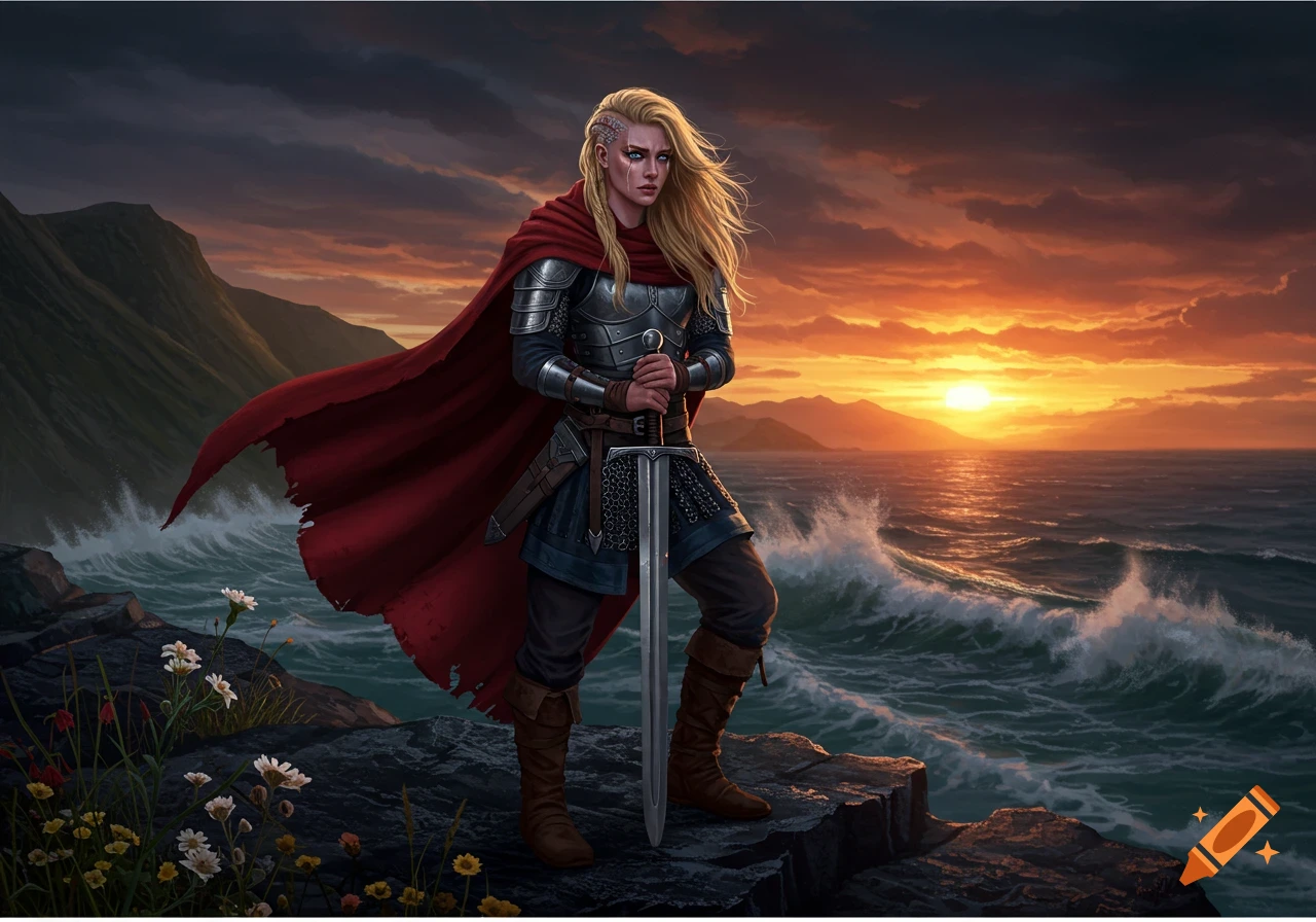 A blonde female fantasy warrior in armor and red cape stands on a rocky coast, holding a sword, with a dramatic sunset over the ocean.