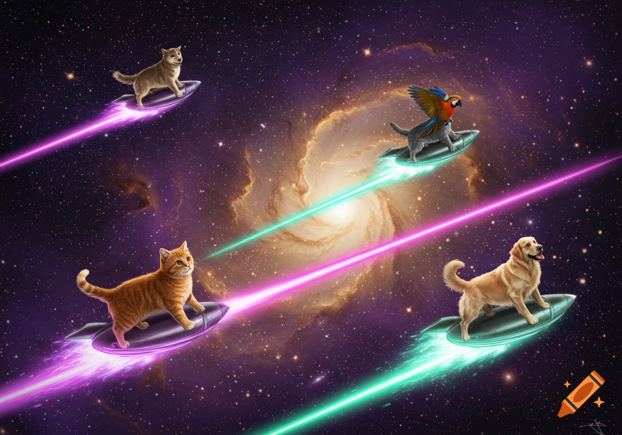 Cats, a dog, and a parrot ride futuristic rockets, leaving colorful laser trails through a starry purple galaxy with a central nebula.