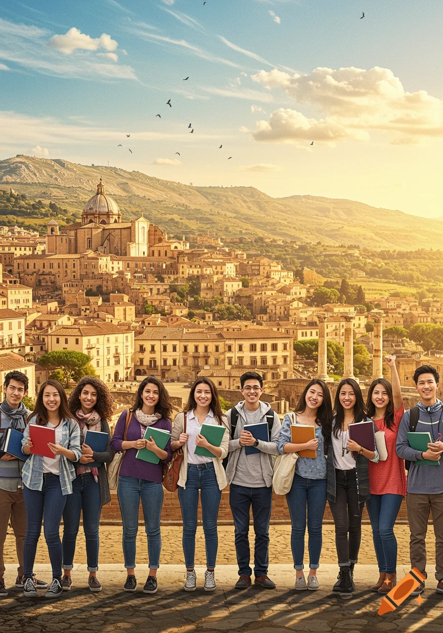 A diverse group of smiling students holding books stands before a sunlit ancient European city and mountains.