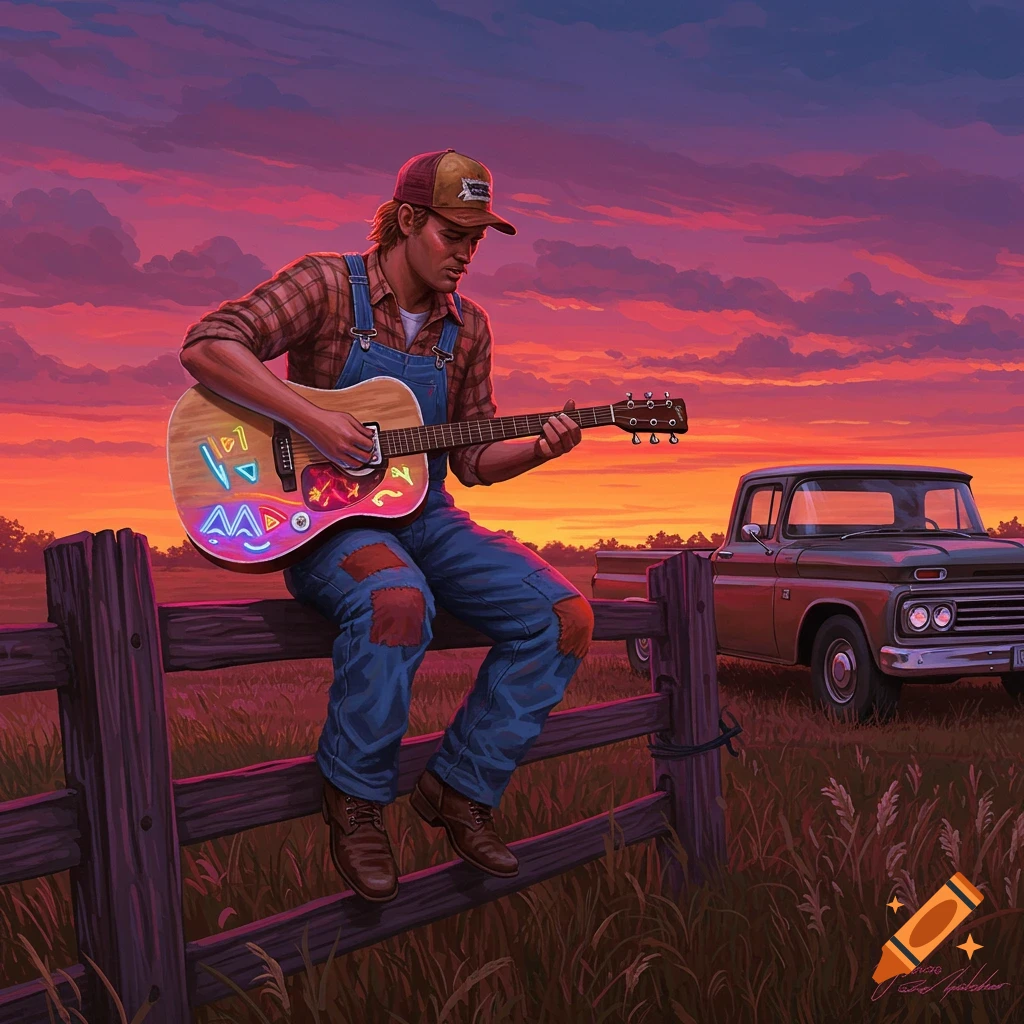 A man in overalls and a plaid shirt sits on a fence, playing an acoustic guitar with neon graffiti designs on it, against a vibrant orange and purple sunset sky with an old pickup truck in the background. Stylized.