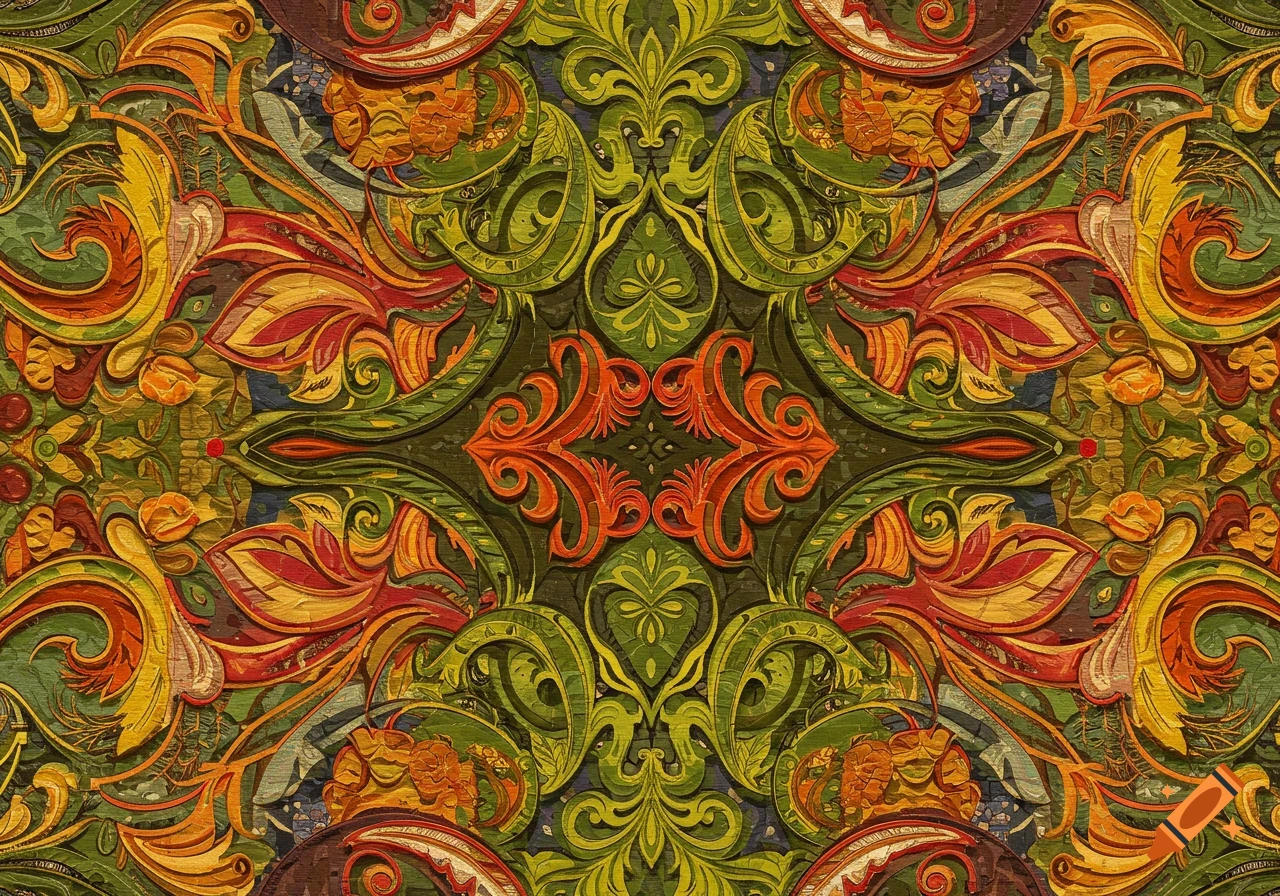 Vibrant repeating ornamental pattern with swirling floral motifs in green, orange, red, and yellow.