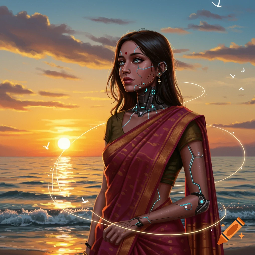 Digital art of an Indian female AI agent in a red saree, with glowing cybernetic enhancements, standing at a beach during sunset.