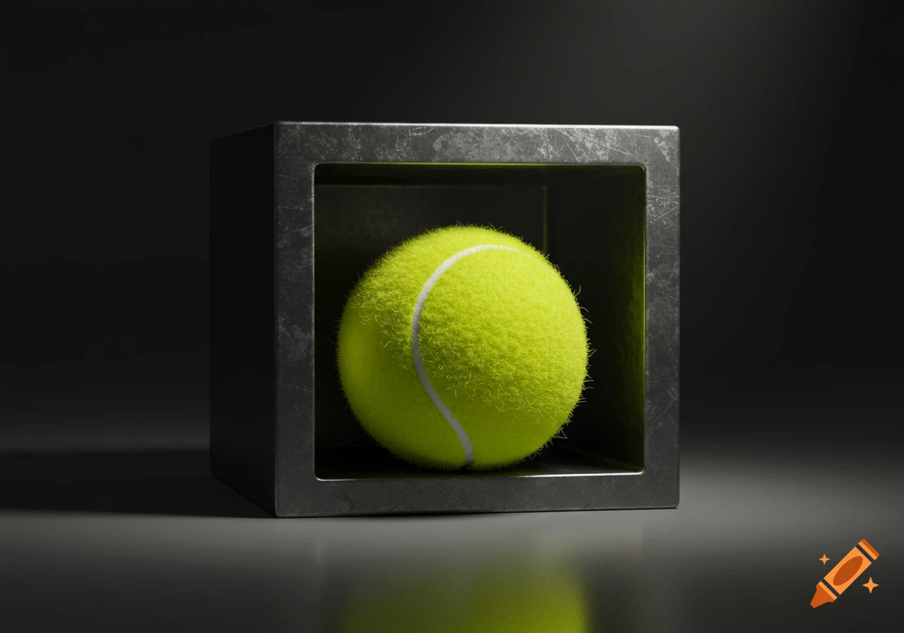 A vibrant green tennis ball with white seams sits inside a dark, textured metal cube on a reflective surface, in a photorealistic style.