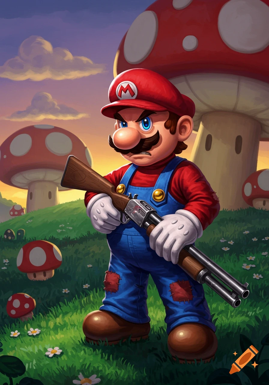 Angry Super Mario in a red cap and blue overalls holding a shotgun in a mushroom landscape at sunset, cartoon style.