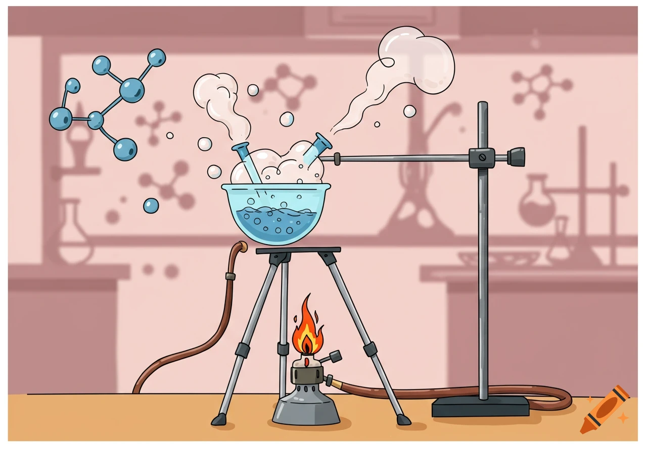Cartoon illustration of a chemistry experiment with a Bunsen burner heating an evaporating basin, emitting steam, in a lab.