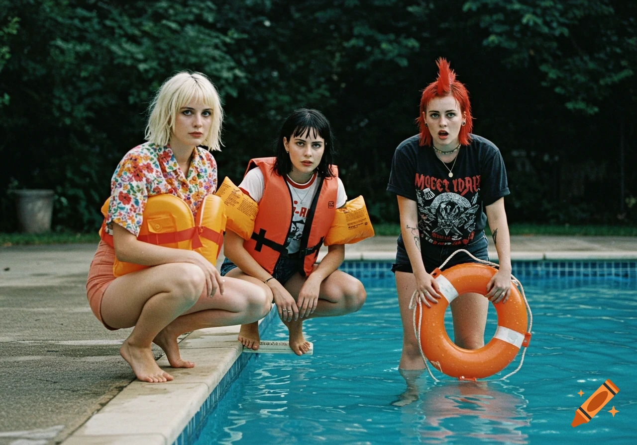 Three young women, dressed in diverse styles, pose by a swimming pool; one with blonde hair, one with dark hair, and one with red hair holding a life buoy.