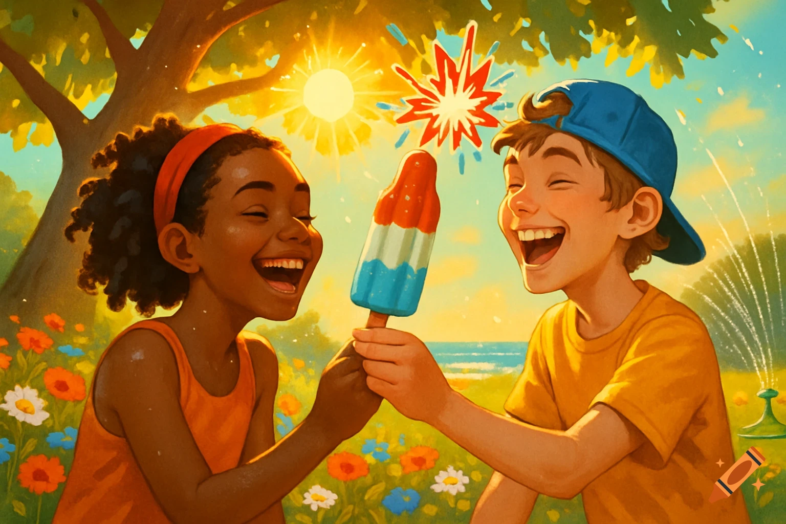 A cheerful boy and girl laugh while sharing a red, white, and blue popsicle under a sunny sky, with a sprinkler in the background.