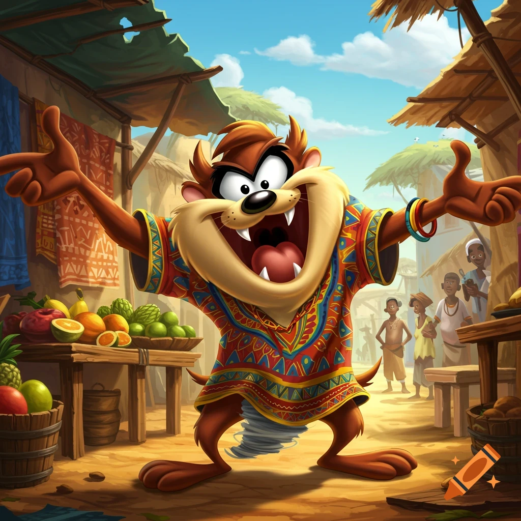 Taz the Tasmanian Devil joyfully standing in an African market, wearing a colorful dashiki shirt, surrounded by fruit stalls.