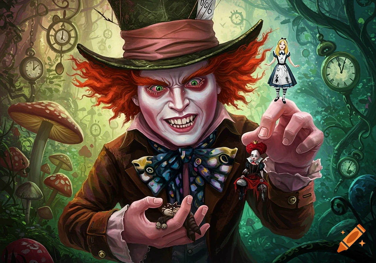 An angry Mad Hatter holding miniature Red Queen and Cheshire Cat in his hand, with a smiling Alice on his hat in a whimsical forest filled with mushrooms and clocks.